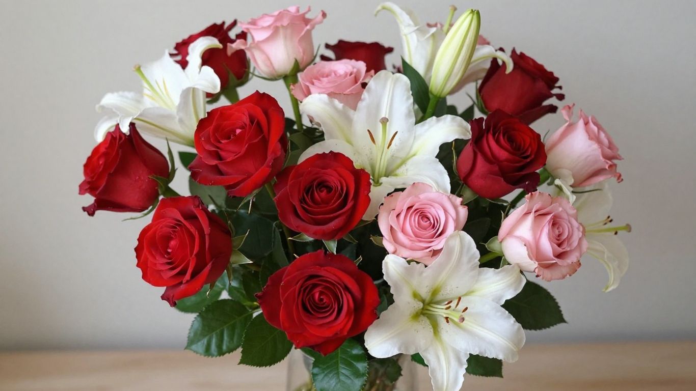 Beautiful flower arrangement with roses and lilies for delivery.