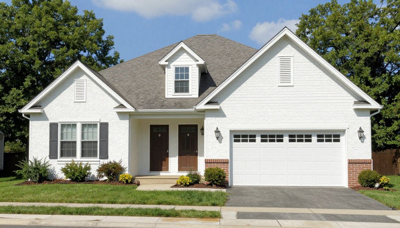 Photorealistic residential stucco home in Winnetka, Illinois, showing a clean repaired exterior with natural daylight, realistic textures, no people, no text, and no logos