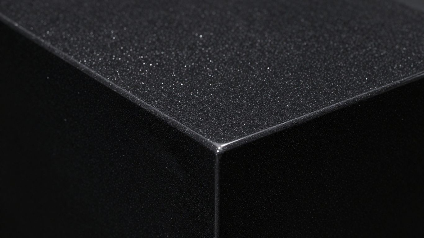 Black sparkle worktop with reflective particles.