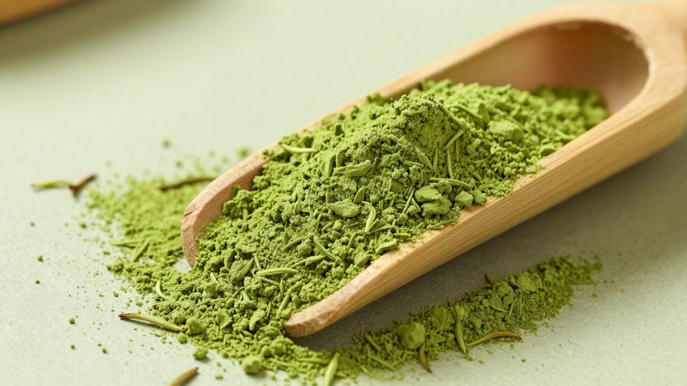 Scoop of vibrant green matcha powder with scattered tea leaves.