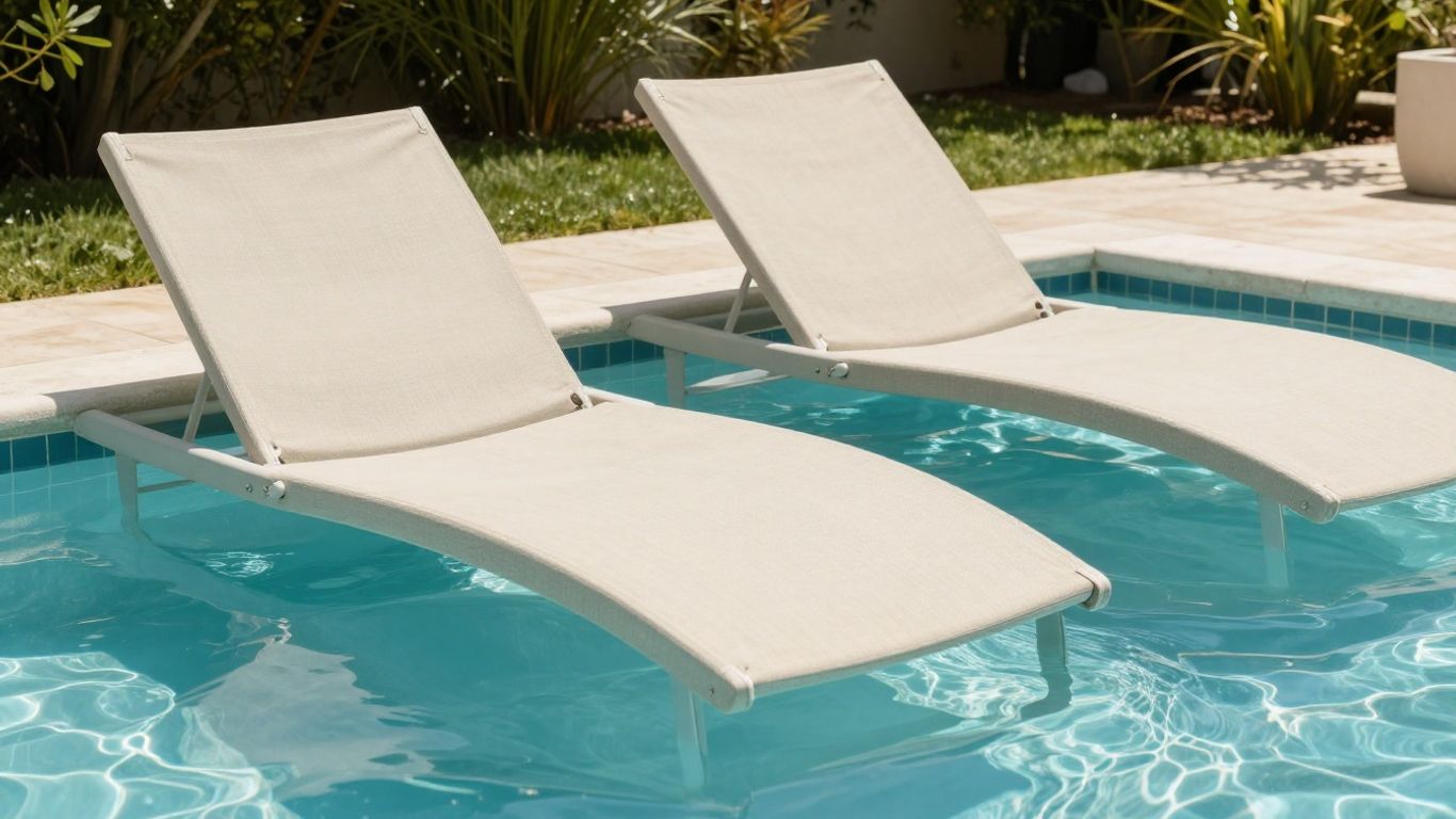 Pool lounger floating in a bright backyard pool