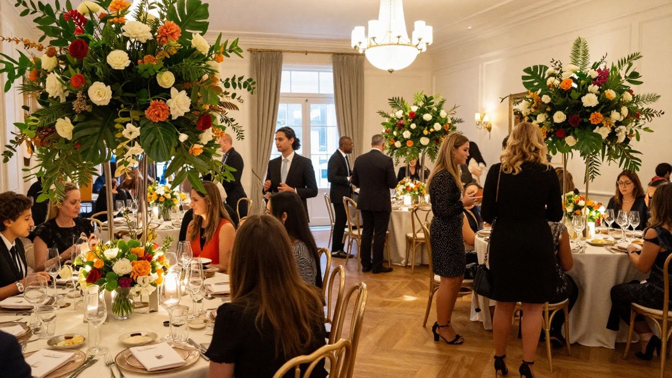 Elegant event venue in Addison, TX with floral arrangements.