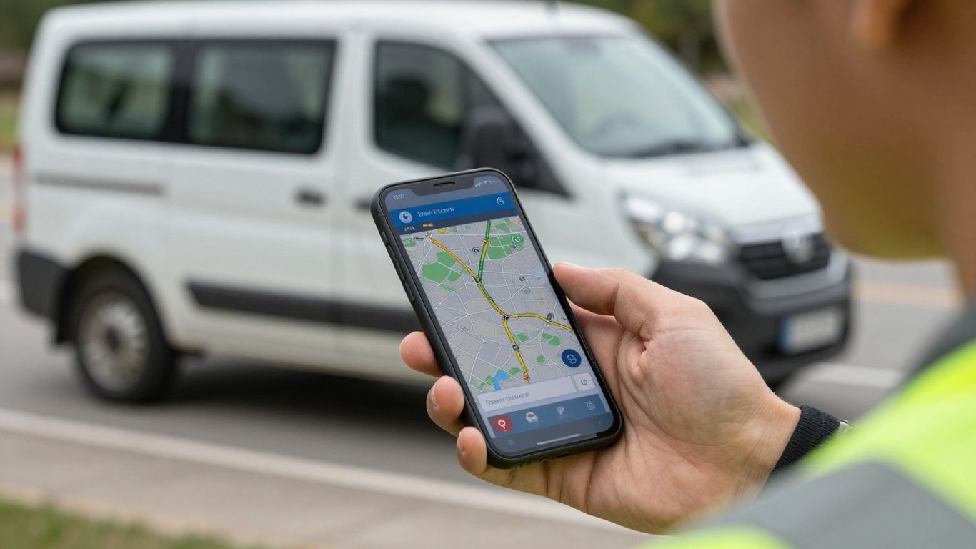 Field technician using GPS tracking software on a mobile device.