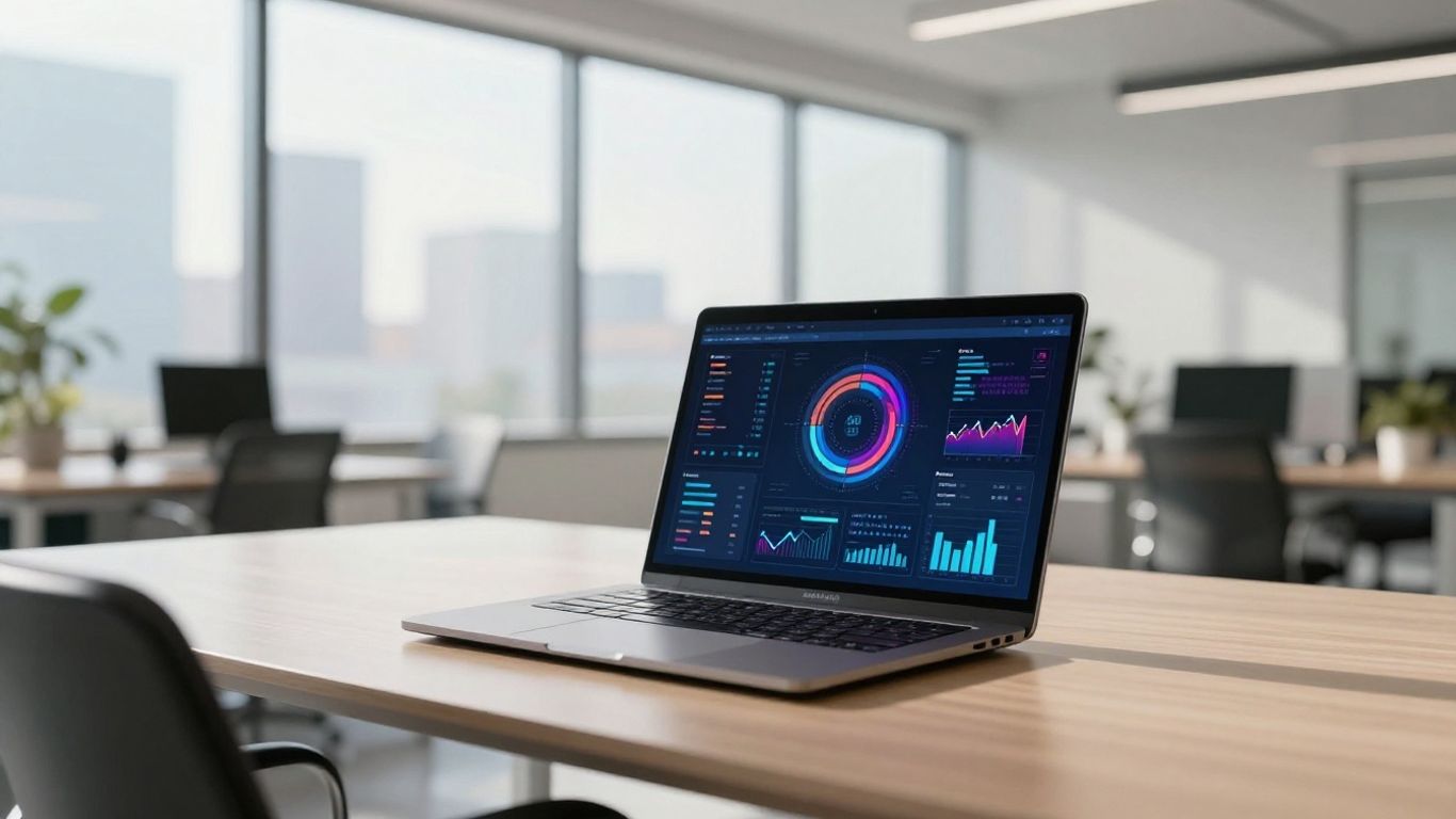 Modern office with laptop showing business growth dashboard.