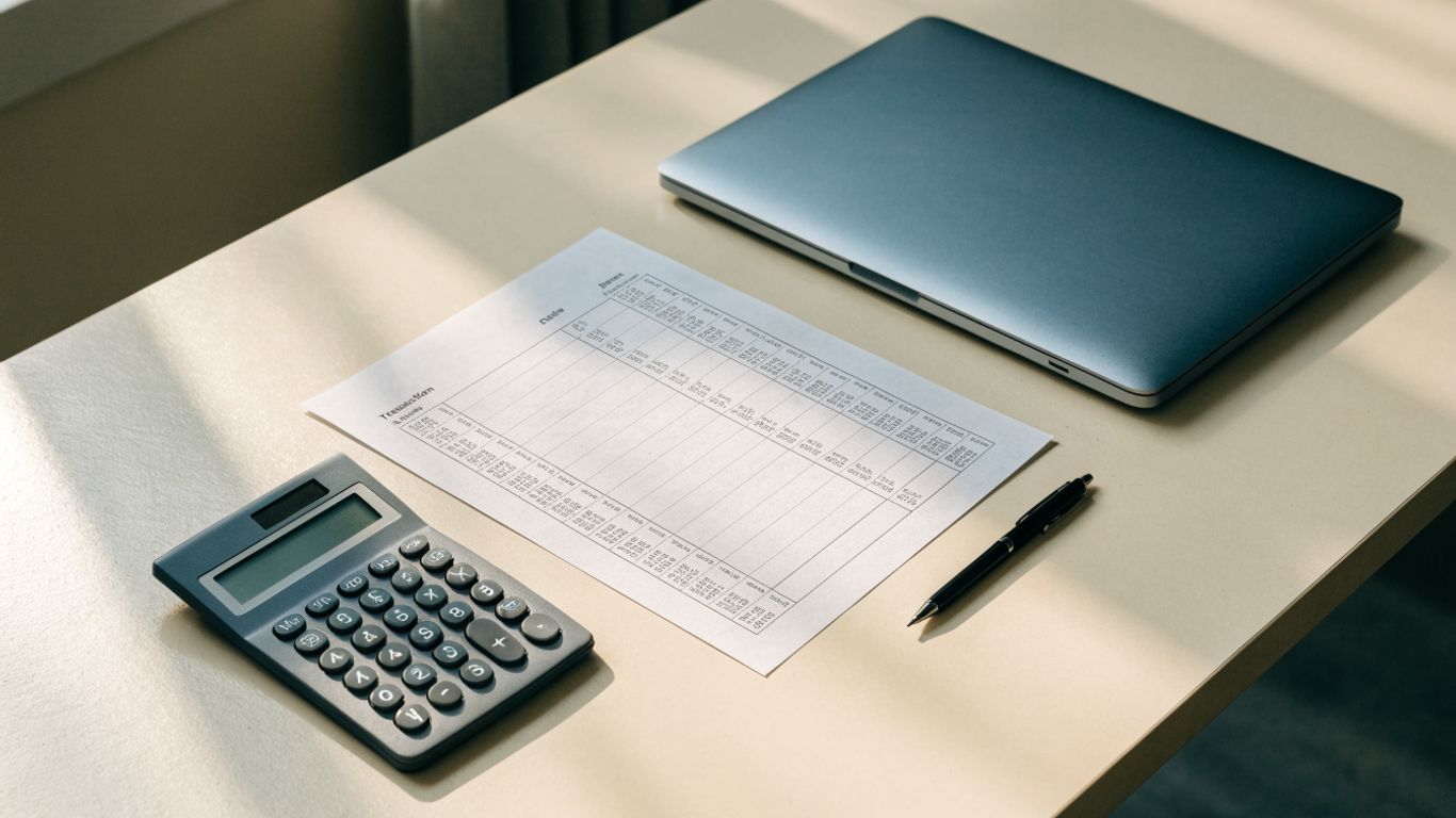 A tidy desk with a printed reconciliation worksheet and calculator