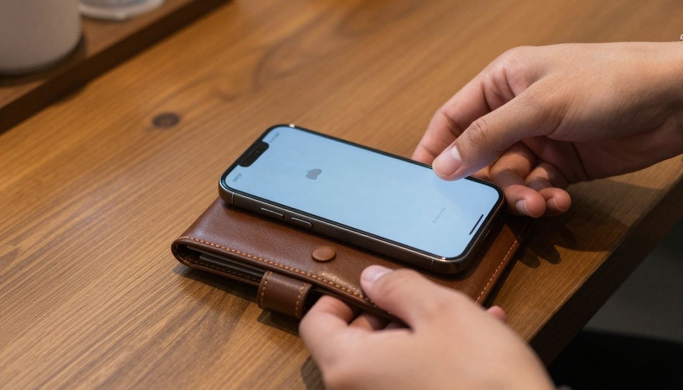 A person easily tapping their iPhone 15 Plus in a leather wallet case to pay at a cafe counter in Melbourne.