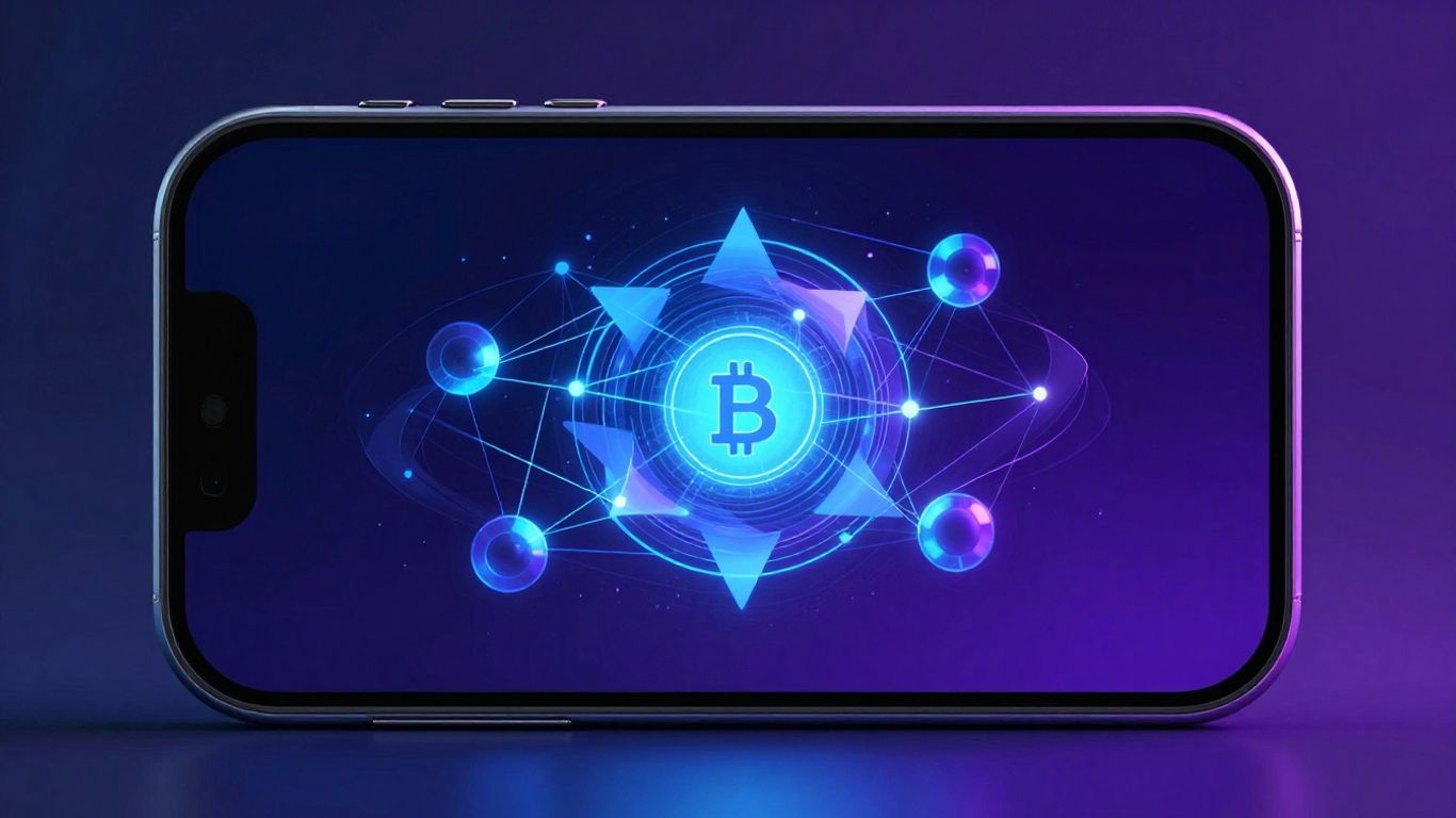 Futuristic digital wallet interface with abstract network elements.