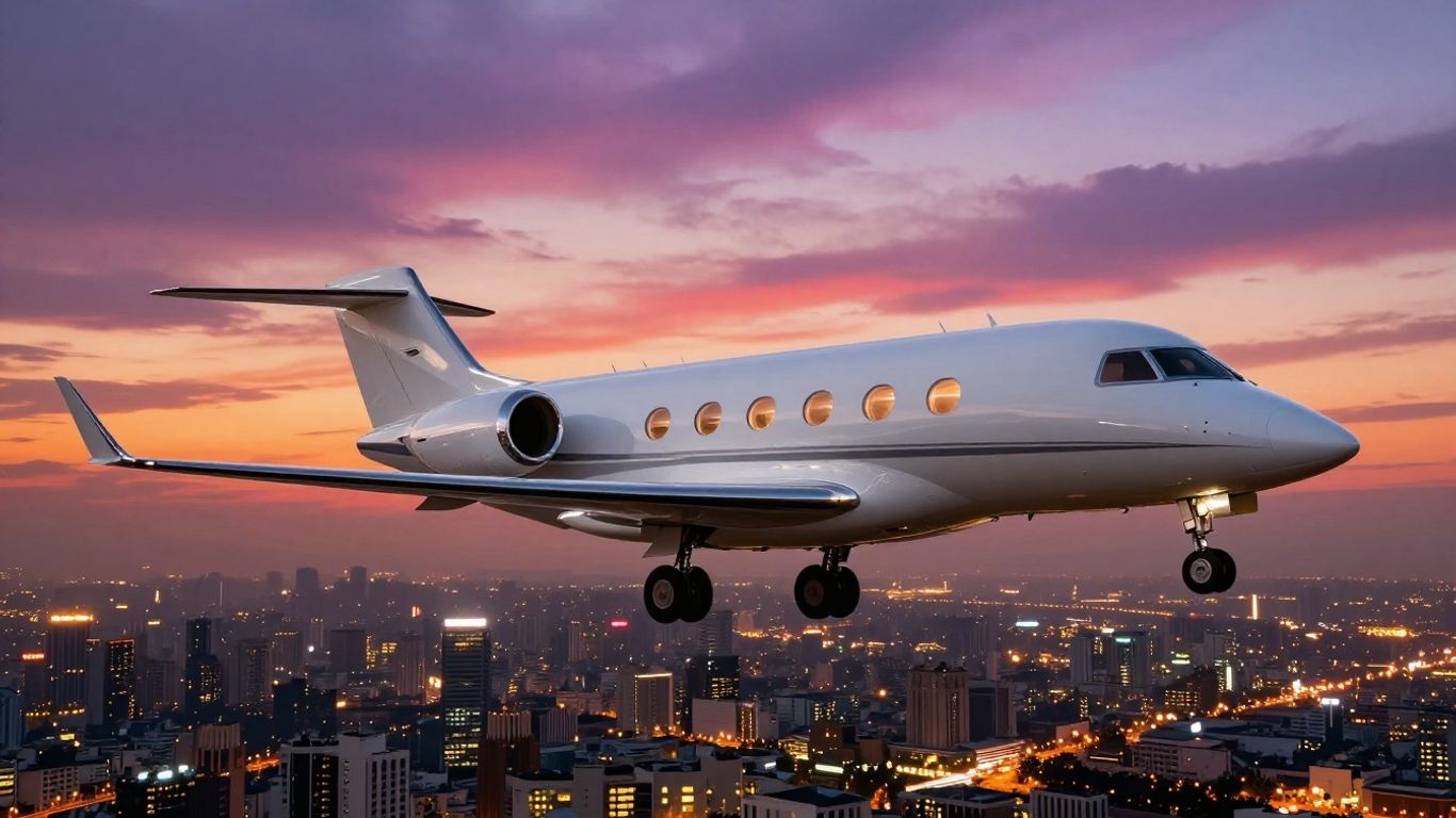 Private jet flying over city at sunset