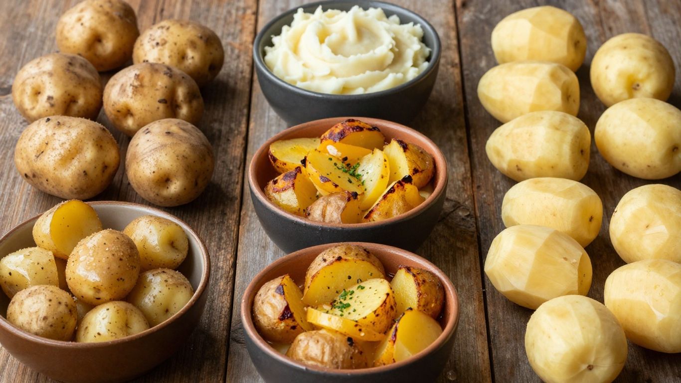 Verschillende aardappelgerechten op houten tafel met biologische details.