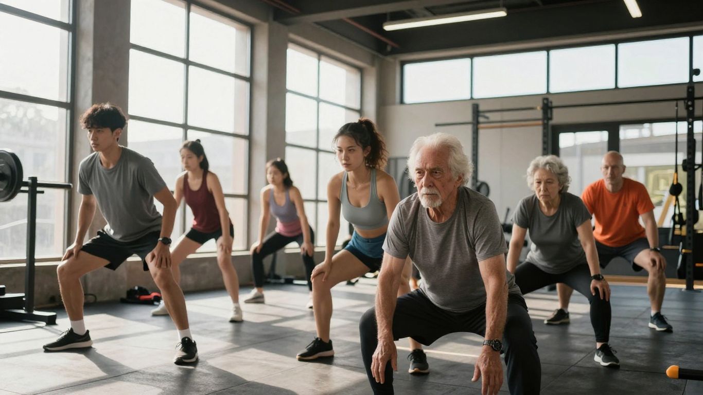 Diverse people exercising in a bright, modern gym.