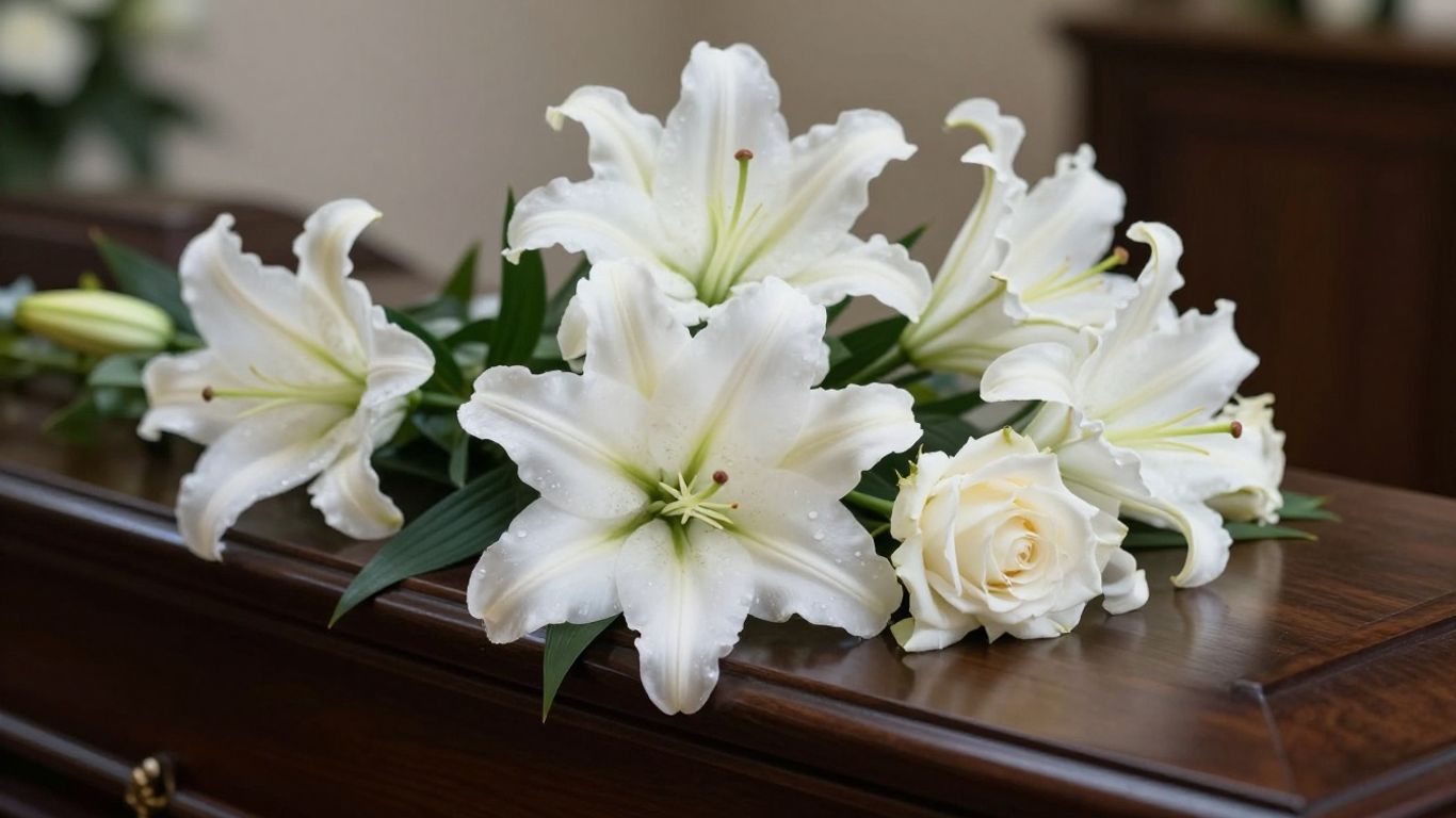 Funeral flowers arrangement with lilies and roses.