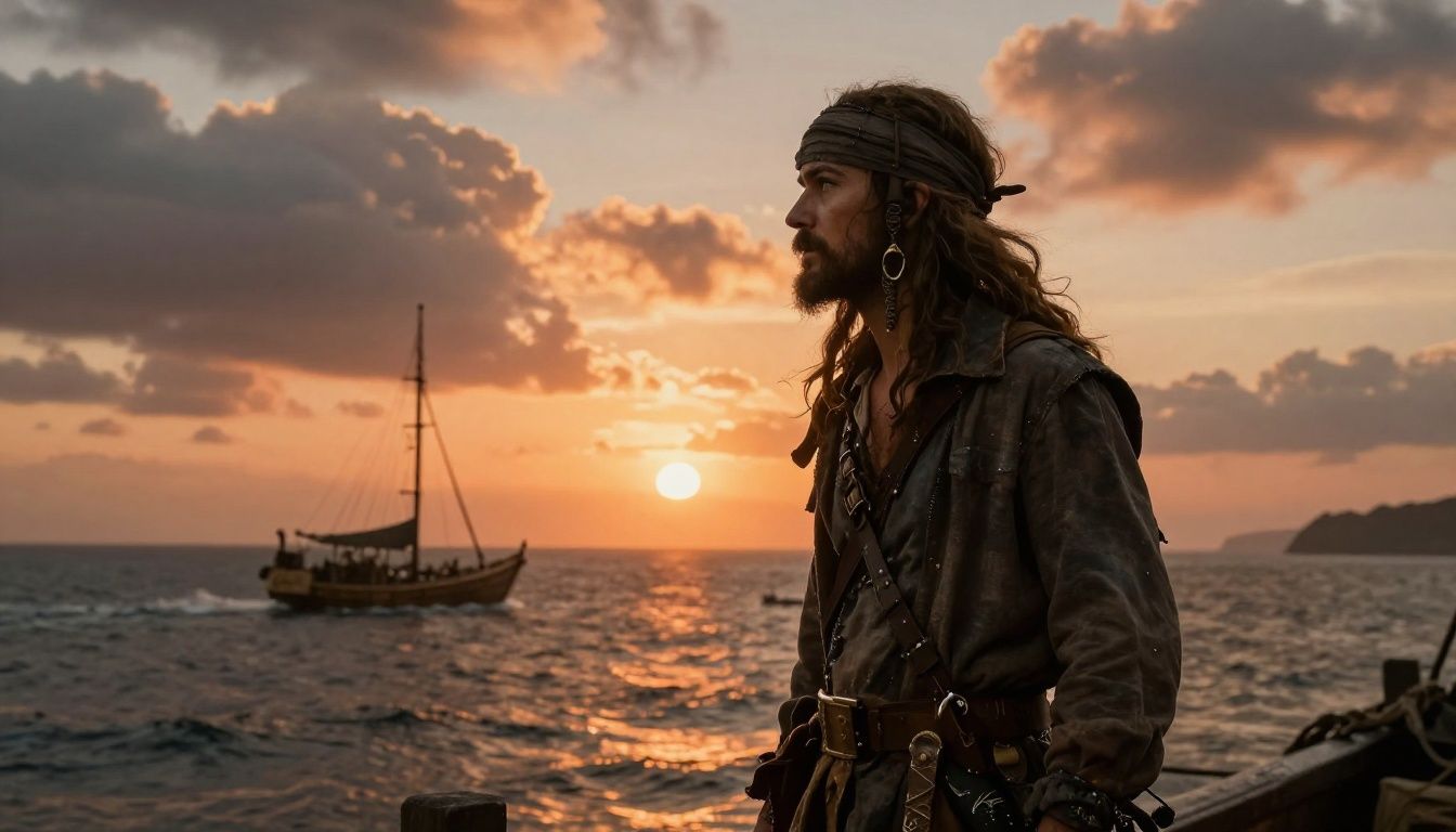 Um navio pirata navegando por um mar agitado sob um pôr do sol épico