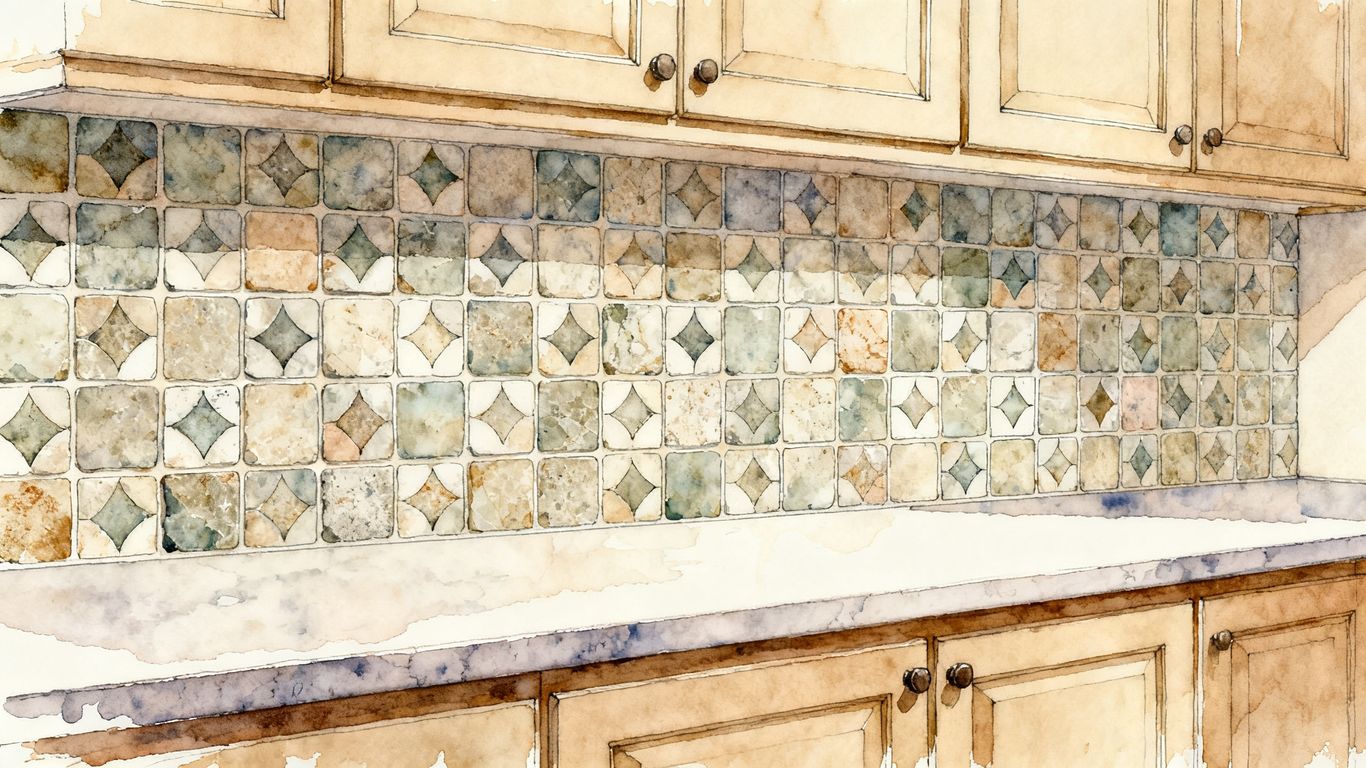 Patterned stone tile backsplash detail