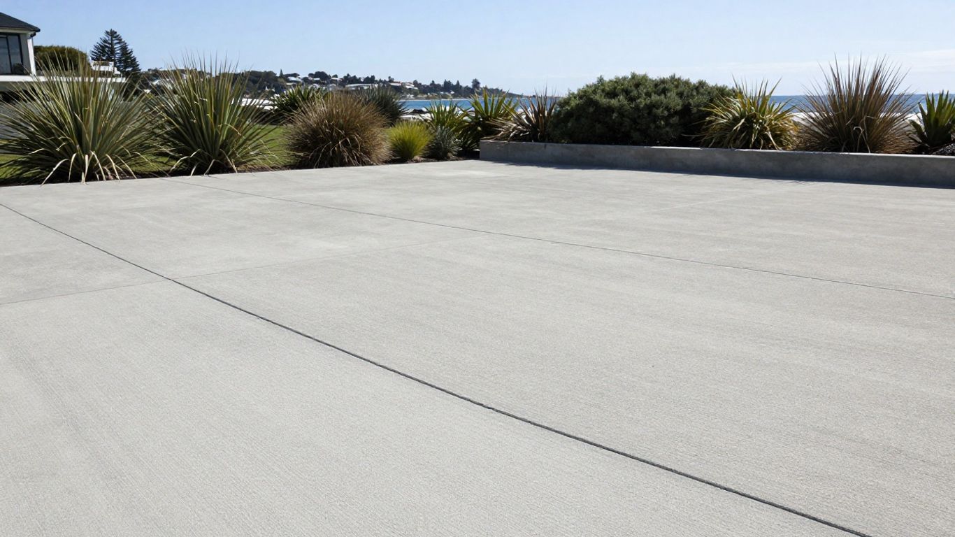 Sealed concrete patio beside Tauranga coastline