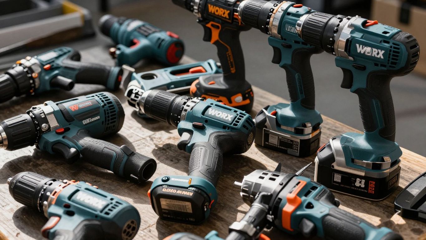 Collection of Worx power tools on display.