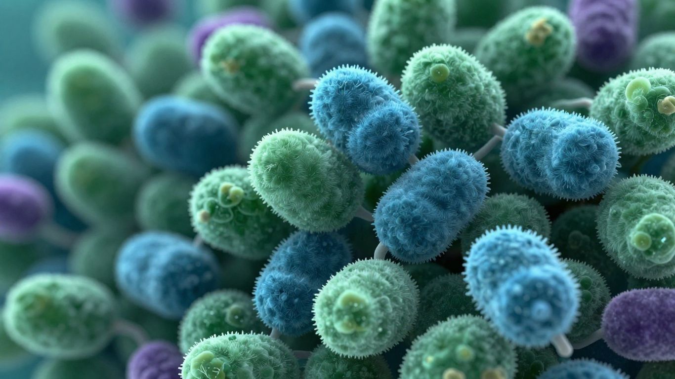 Healthy gut bacteria with green and blue swirls.
