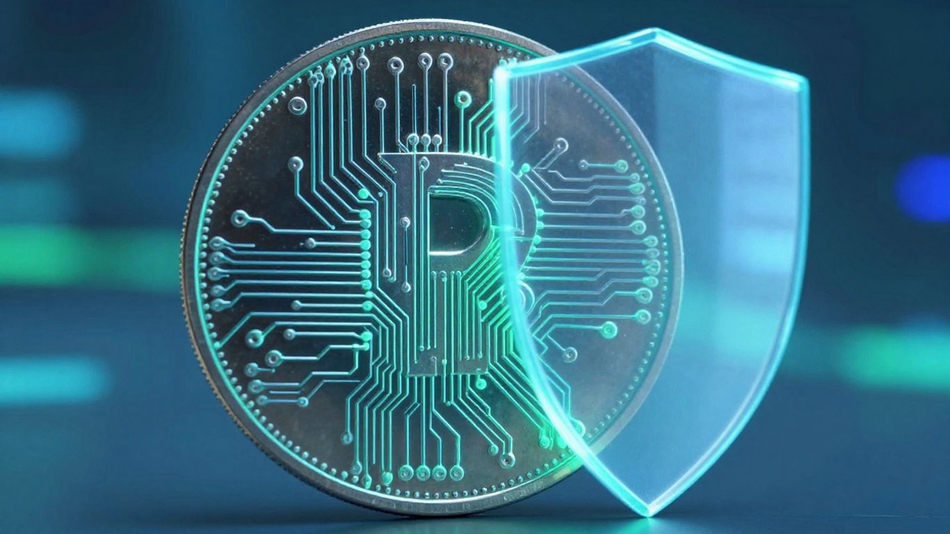 Glowing digital coin protected by a translucent shield.