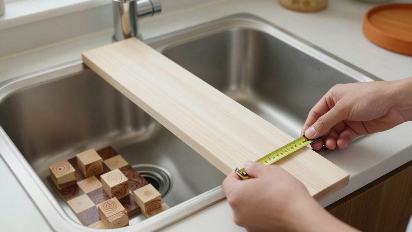 Measuring a maple board across a kitchen sink