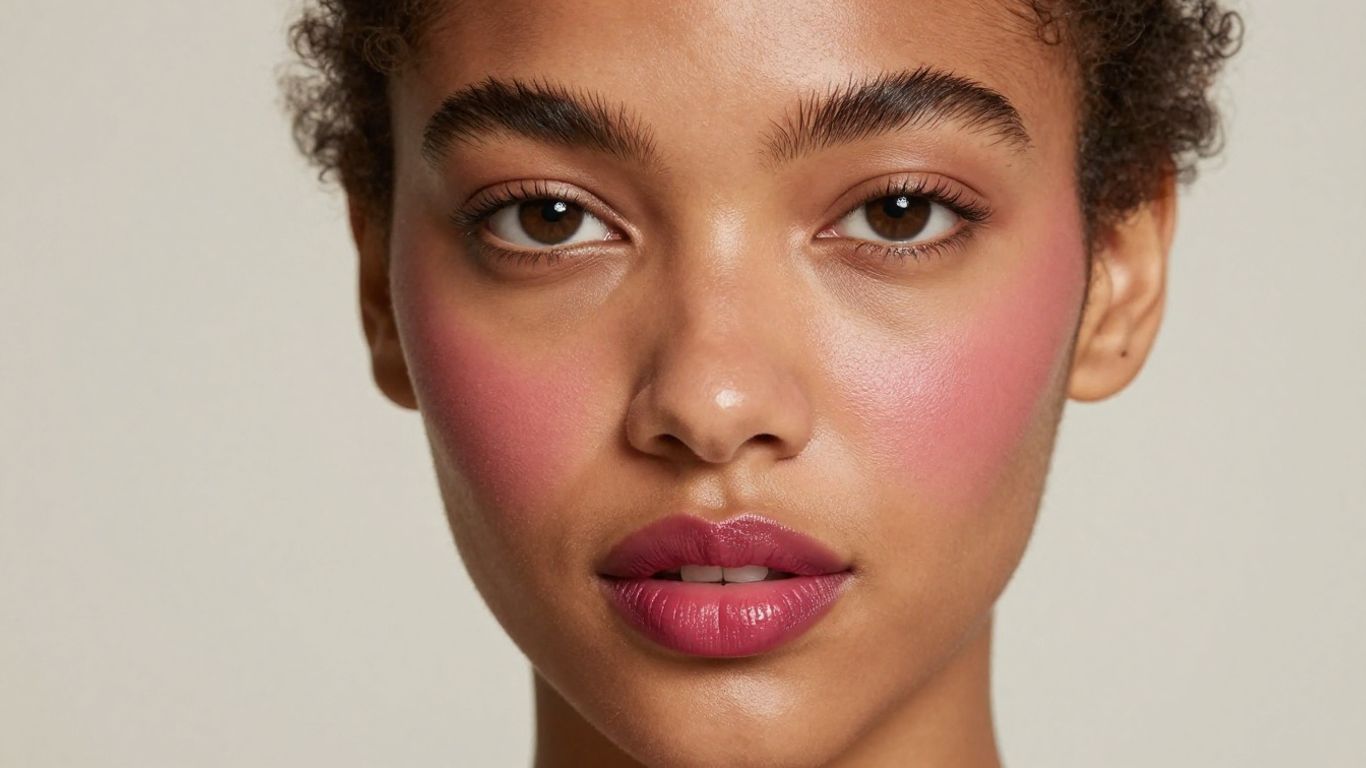 Mixed race woman with rosy cheeks and berry lips.
