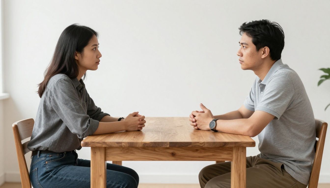 Two people having a serious and respectful conversation while sitting across from each other at a simple wooden table in a brightly lit room.