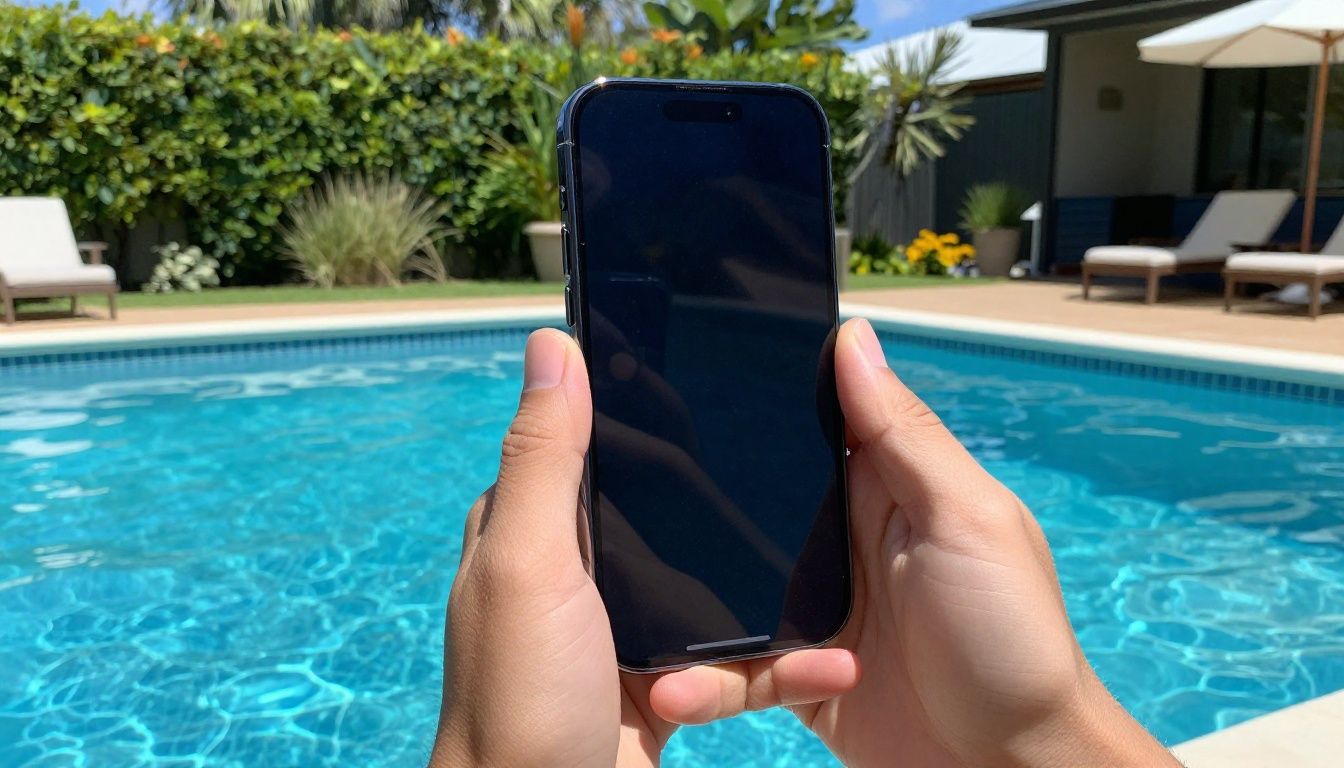 A person using their iPhone 16 Pro near a swimming pool in a sunny Australian backyard