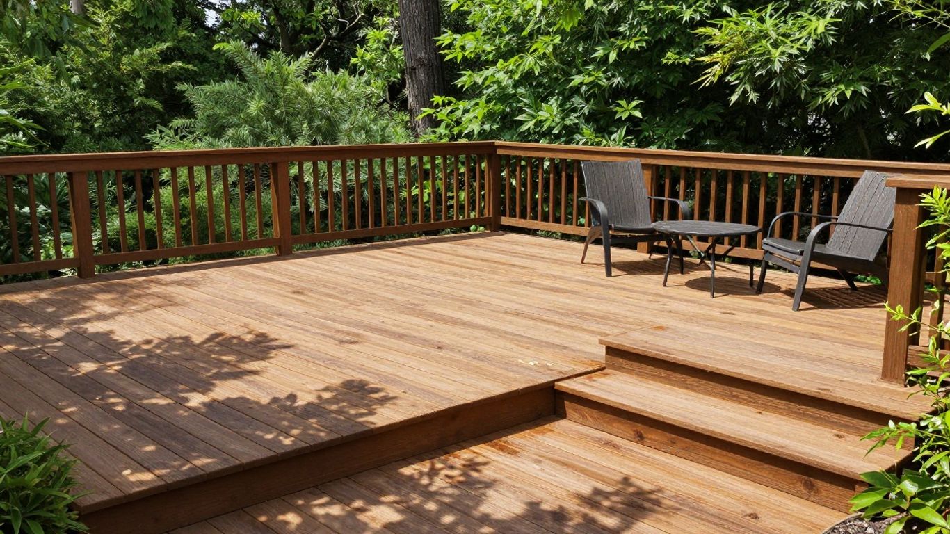 Refinished wooden deck with new stain and outdoor furniture.