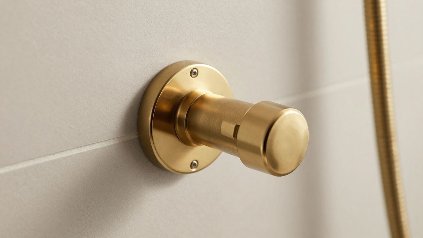 Polished thermostatic shower brass valve in a modern bathroom.