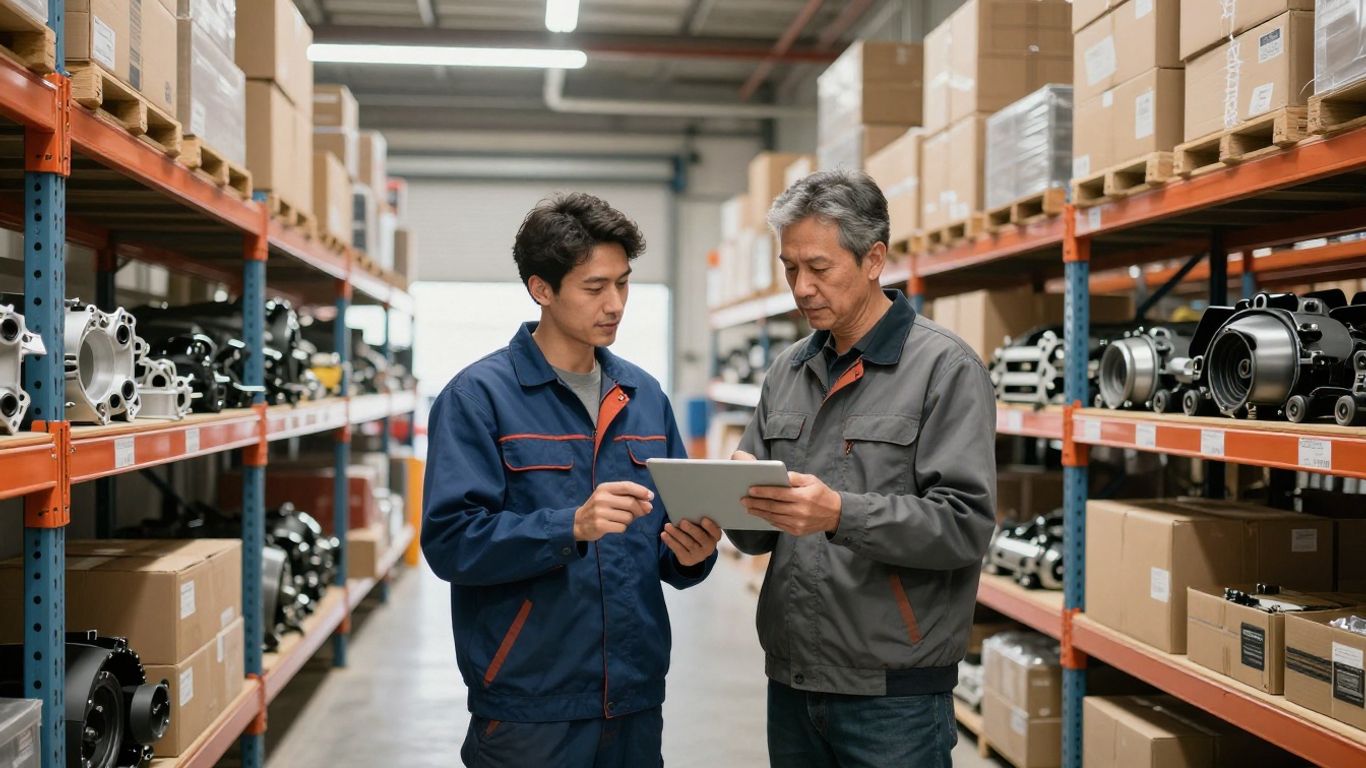 Mechanic checking Chrysler parts beside warehouse shelves