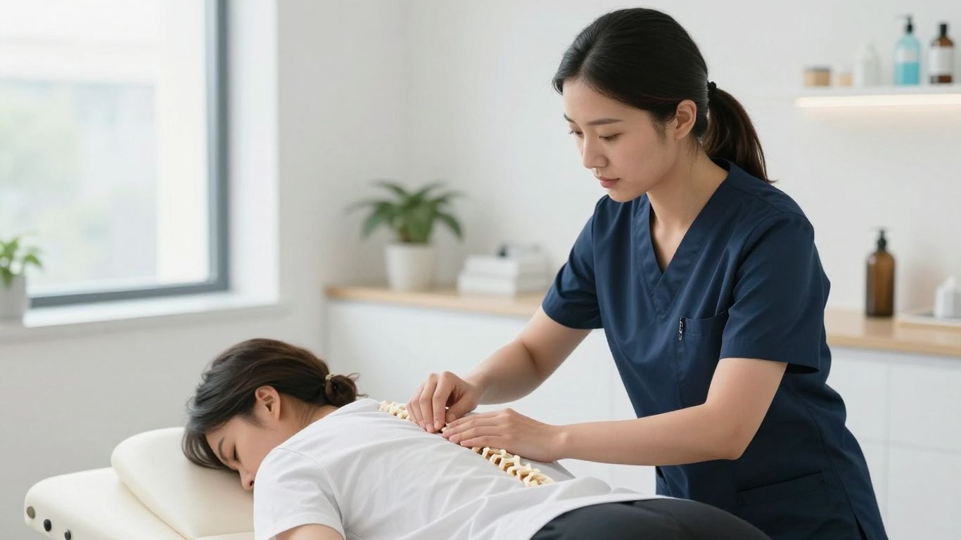 Chiropractor adjusting patient's spine in a clinic.