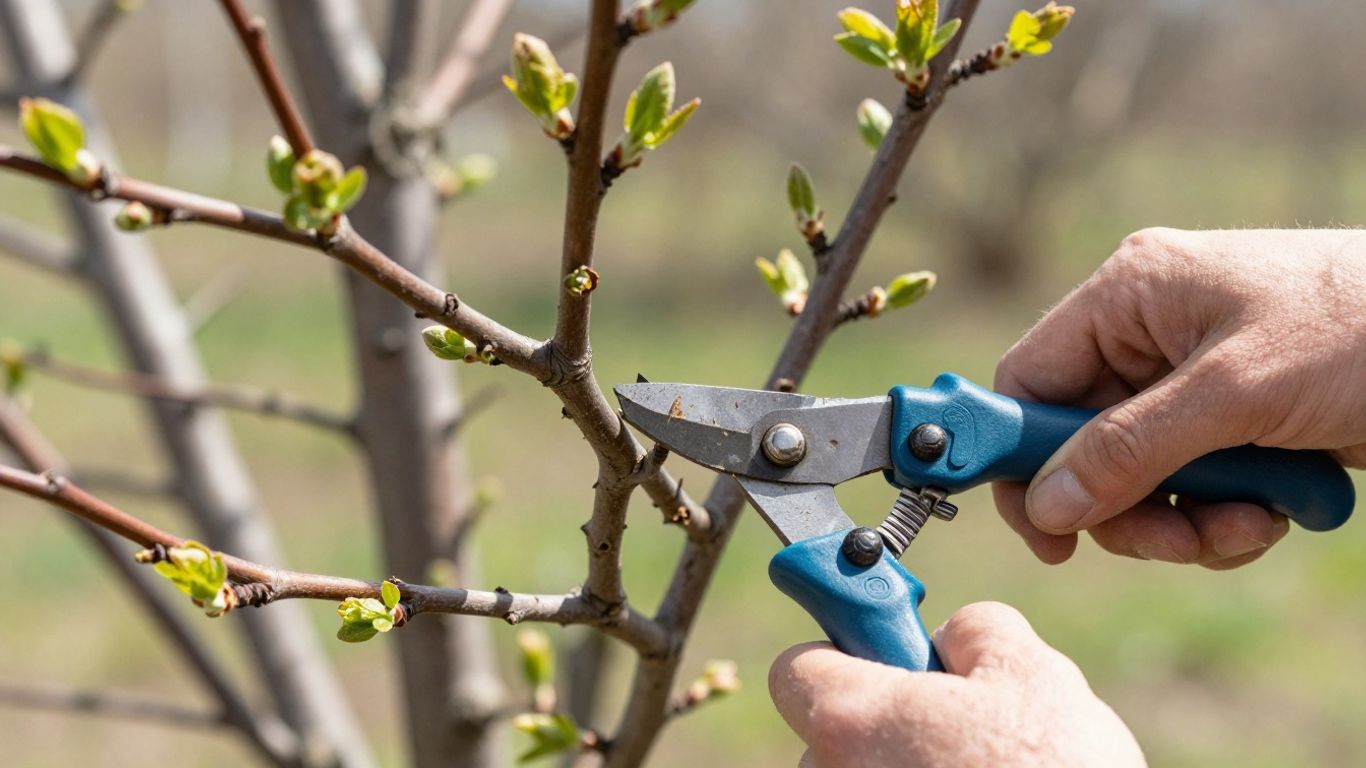 Gärtner schneidet Obstbaum im Frühling mit Schere.