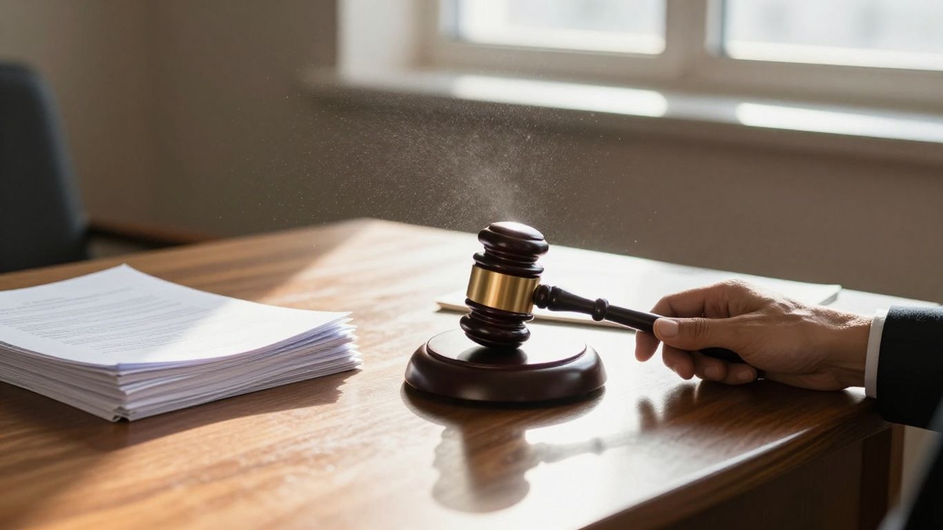 Gavel on a desk in a courtroom.