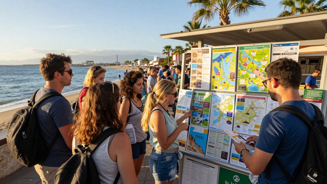 Tourist family comparing brochures outside