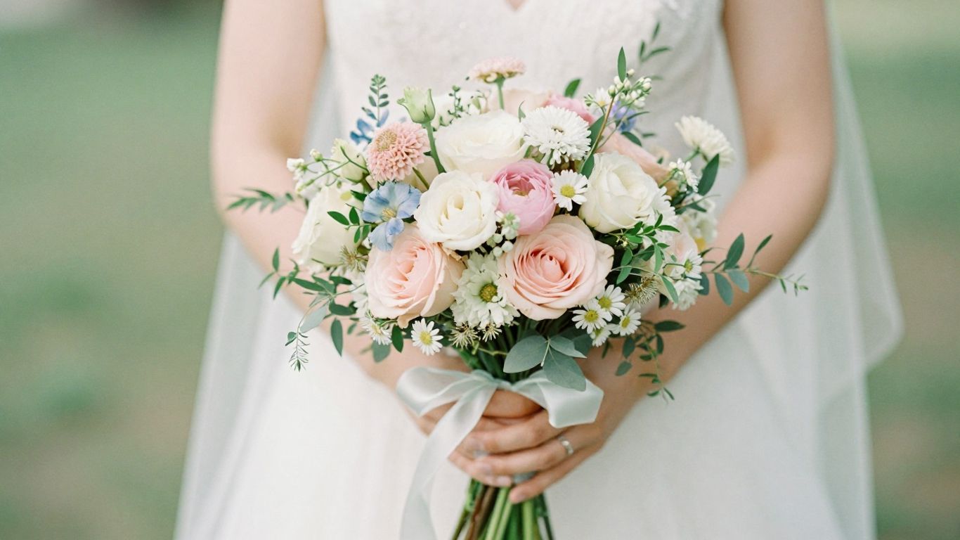 Whimsical bridal bouquet with soft pastel flowers.