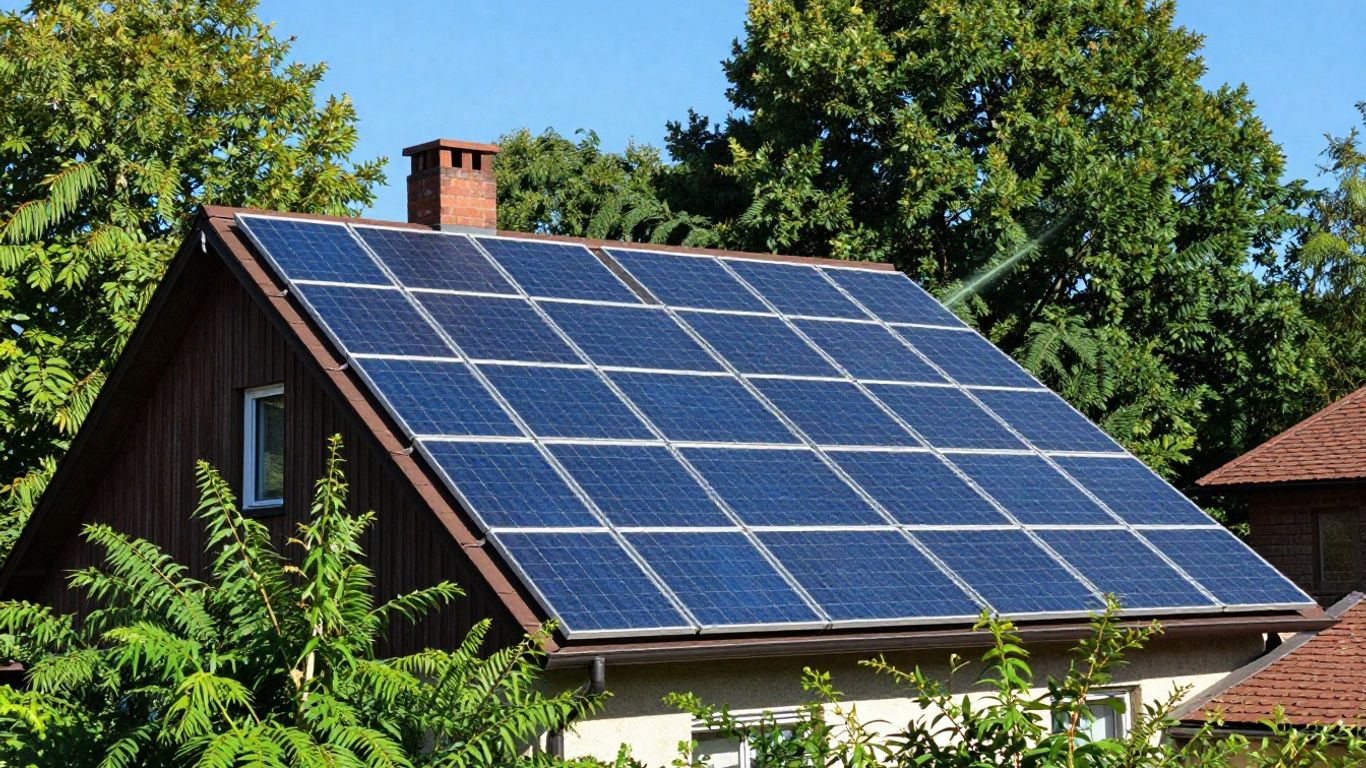 Panneaux solaires sur un toit avec une maison et des arbres.