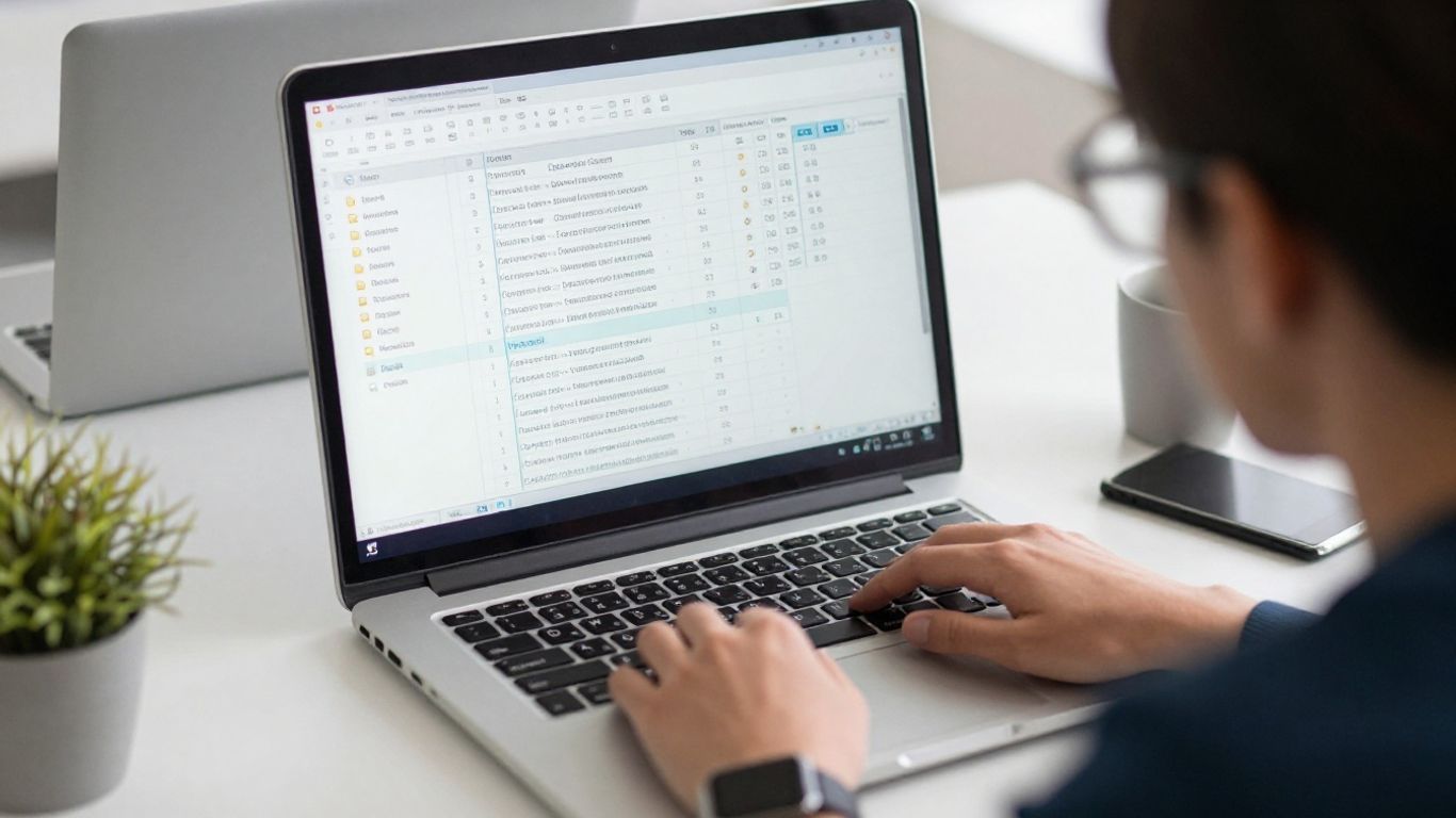 A professional salesperson working at a modern office desk