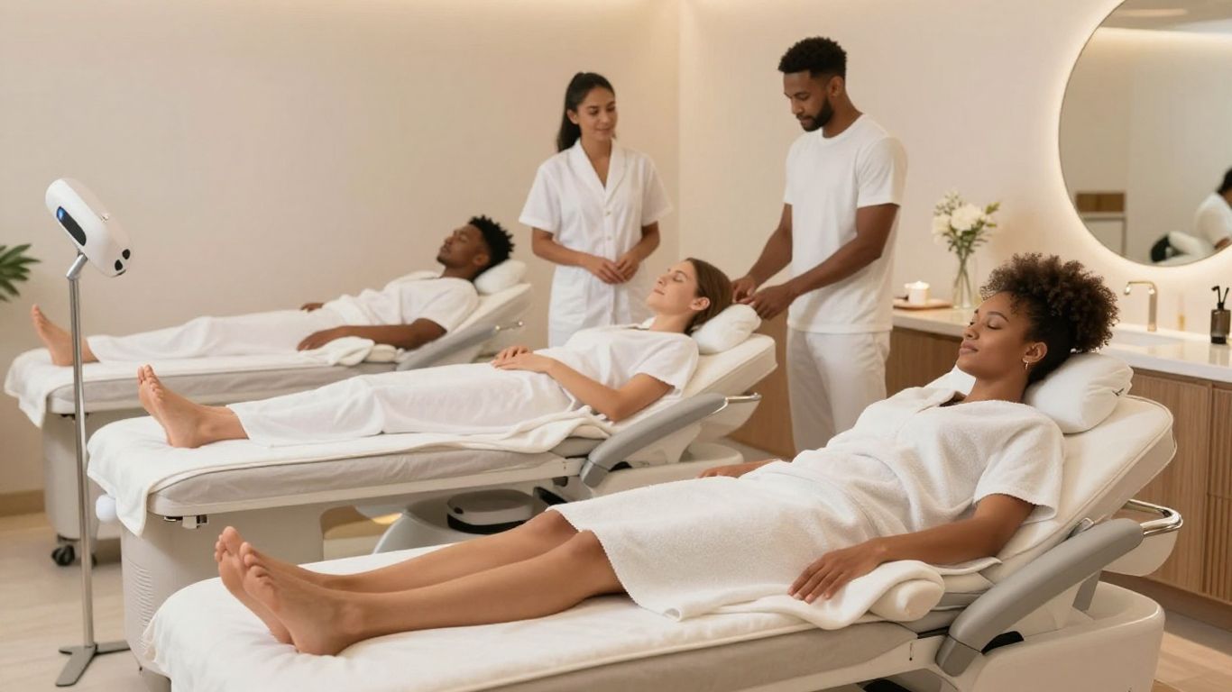 Diverse individuals in a modern aesthetic medspa setting.