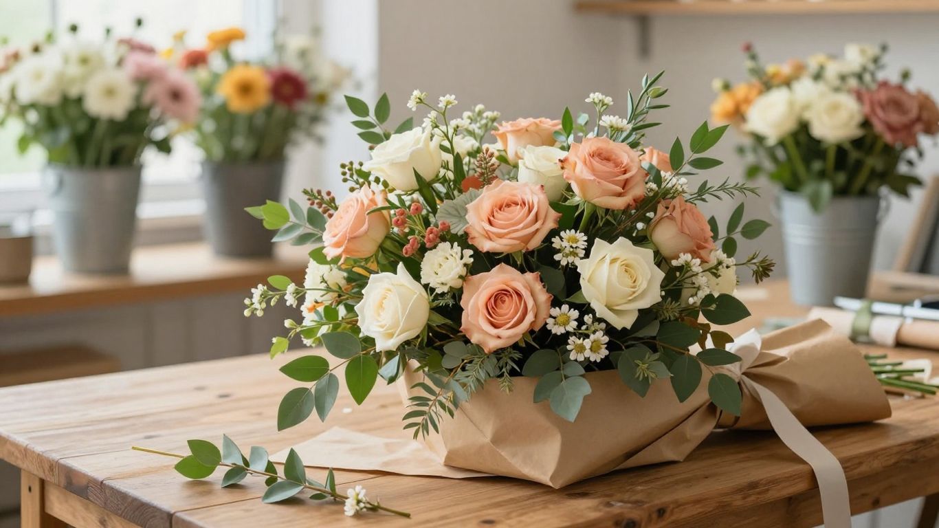 Florist arranging fresh romantic flowers for delivery