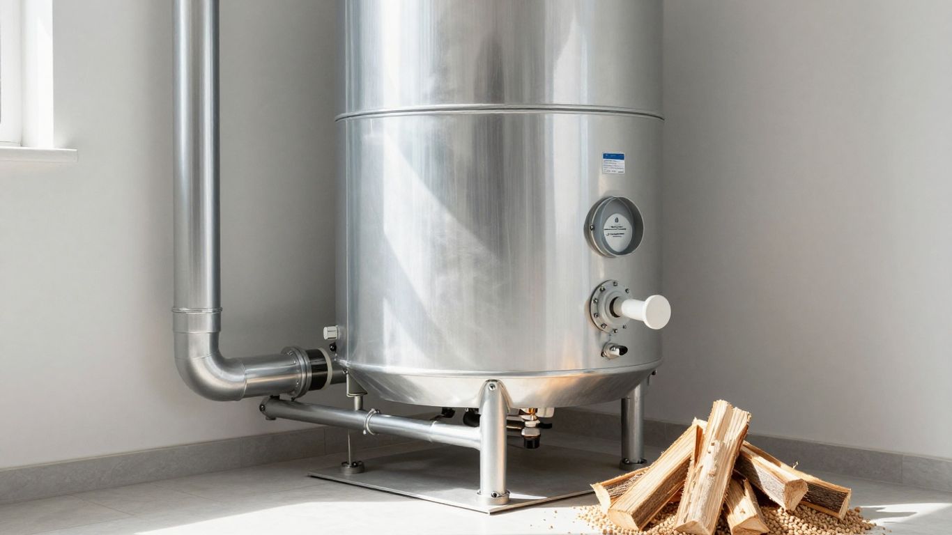 Chaudière biomasse moderne avec granulés de bois à proximité.