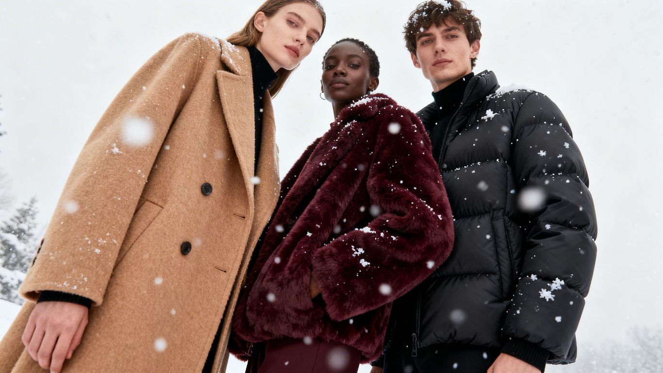 Models wearing stylish winter coats in a snowy setting.