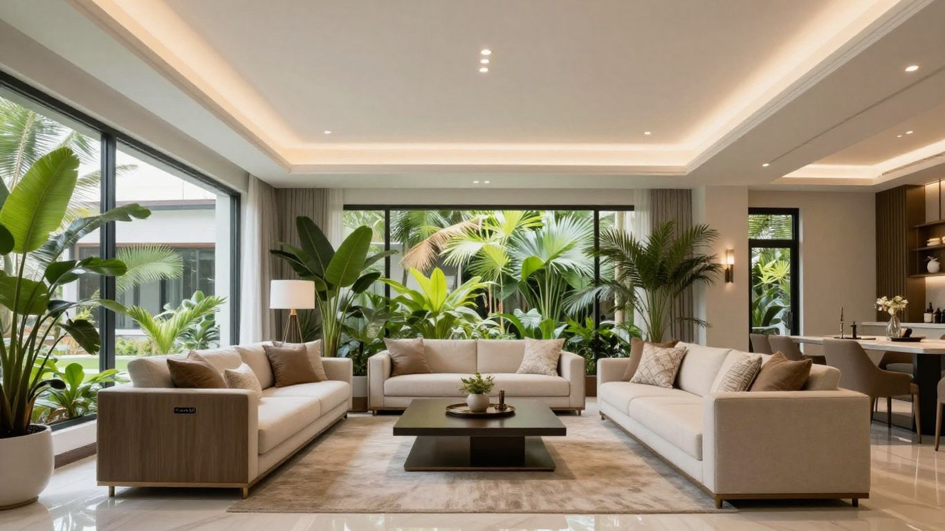 Modern Thai room with glossy stretch ceiling and plants