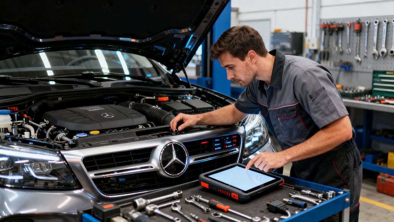 Mechanic inspecting a modern vehicle service dashboard