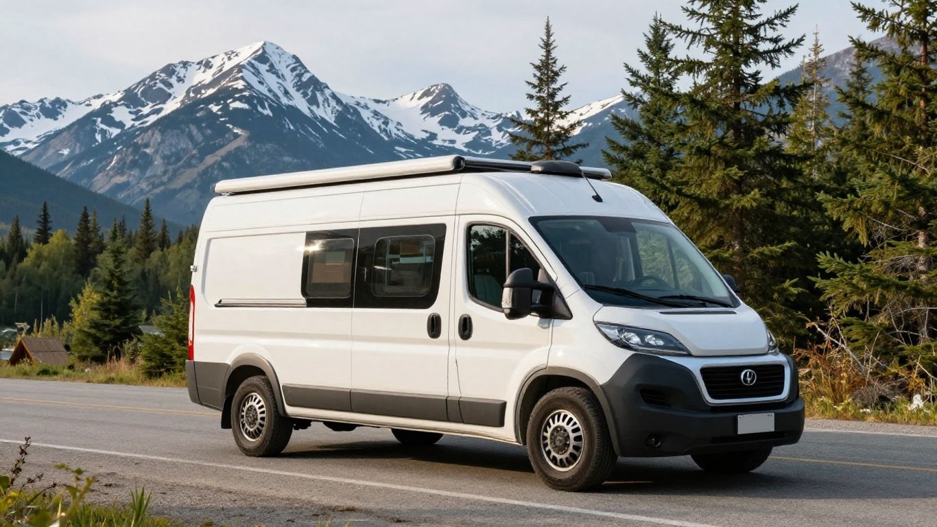 Campervan parked in scenic Canadian mountains.