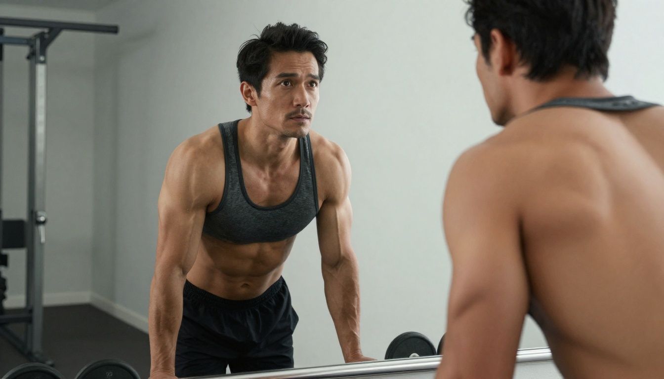 A fit man in his 40s looking at his reflection in a gym mirror, looking determined and healthy.