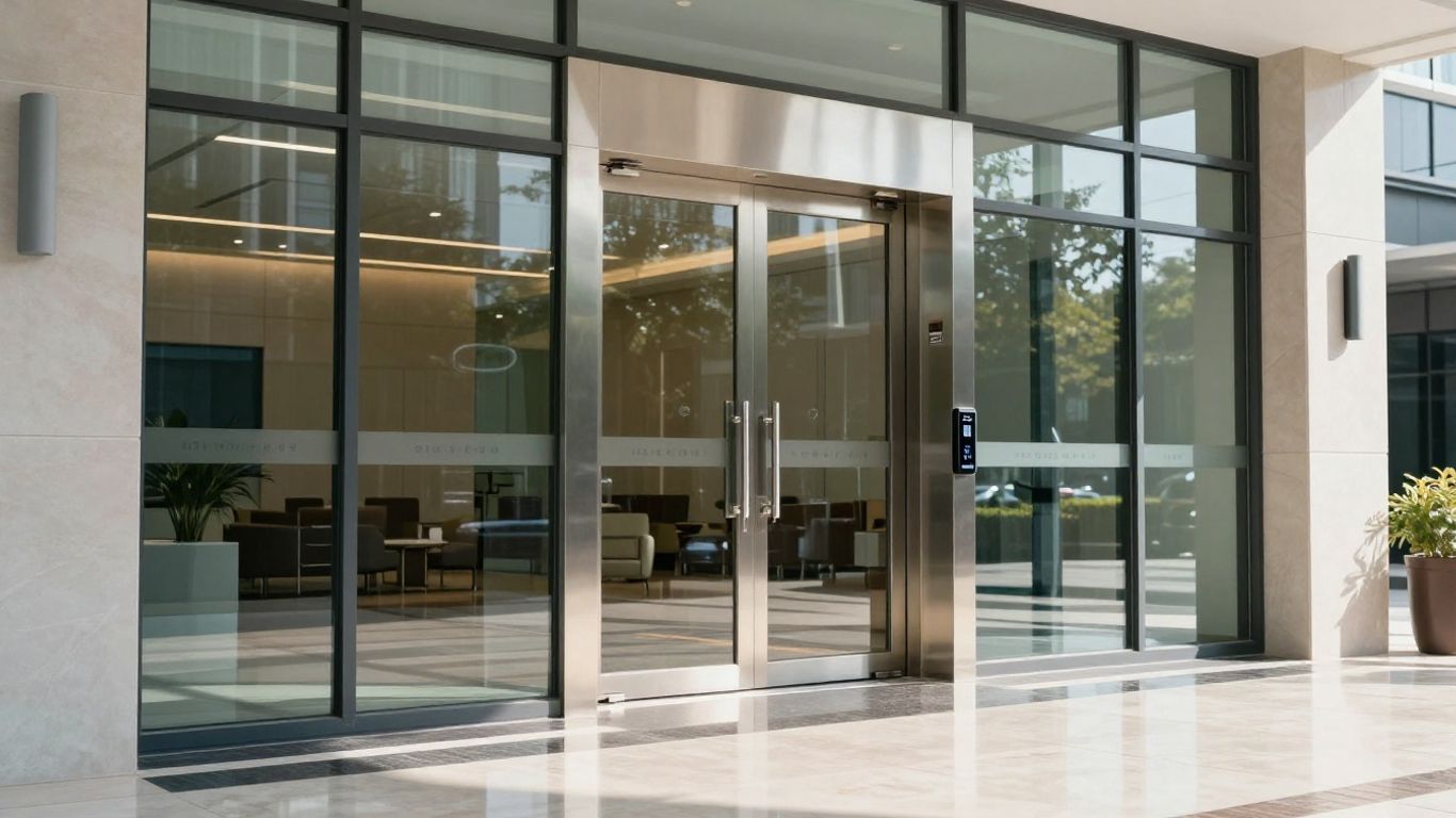 Office building entrance with automatic doors and card reader.