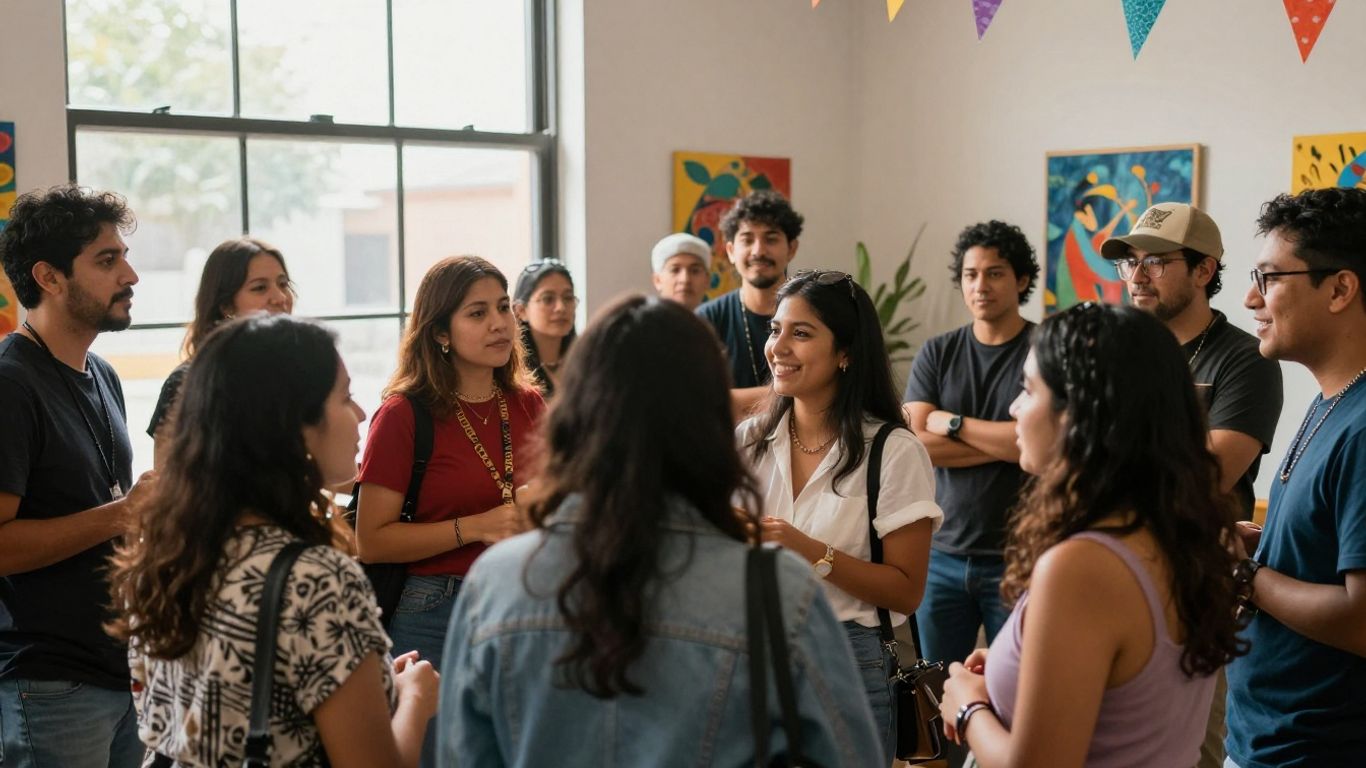 Oameni bucurându-se de activități culturale într-o zi însorită.