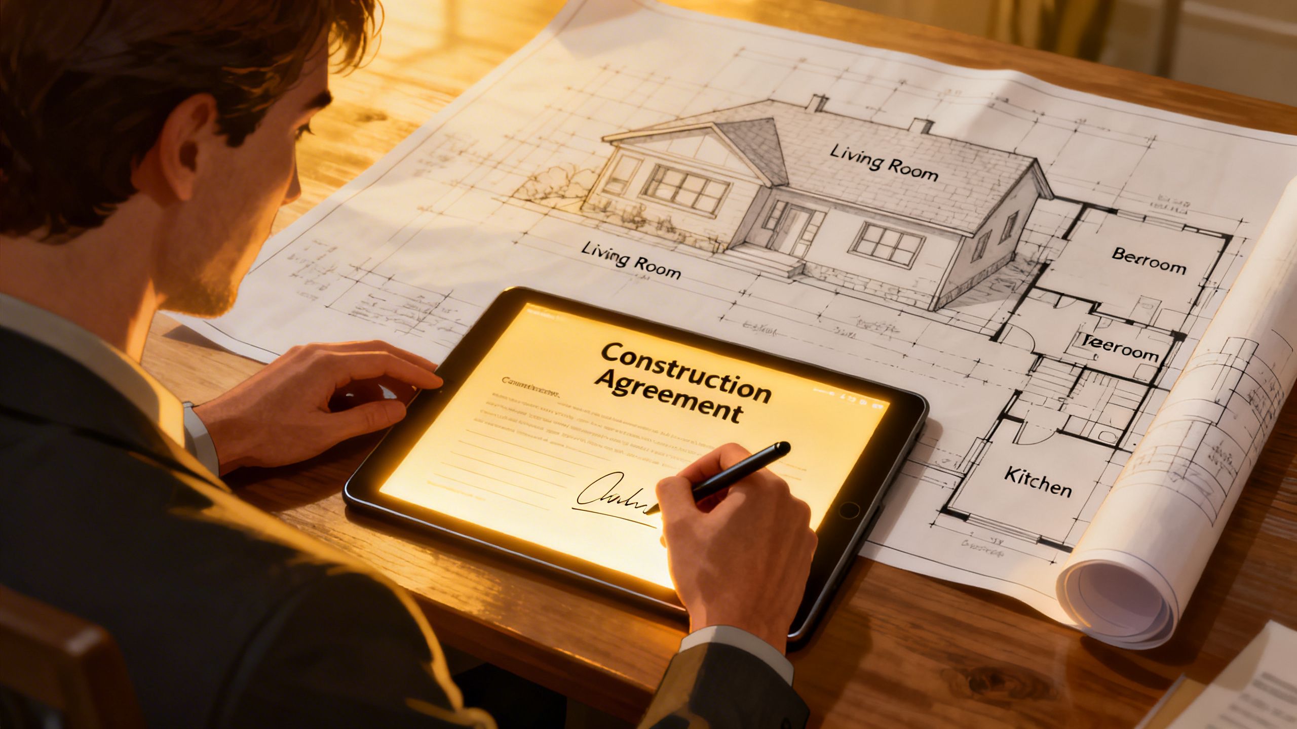 An illustration of a person digitally signing a contract on a tablet, with a house blueprint in the background, symbolizing a closed construction deal.