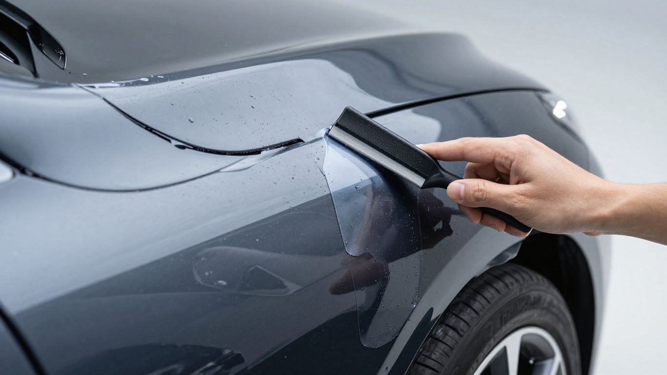 Installer applying transparent film to Tesla panel