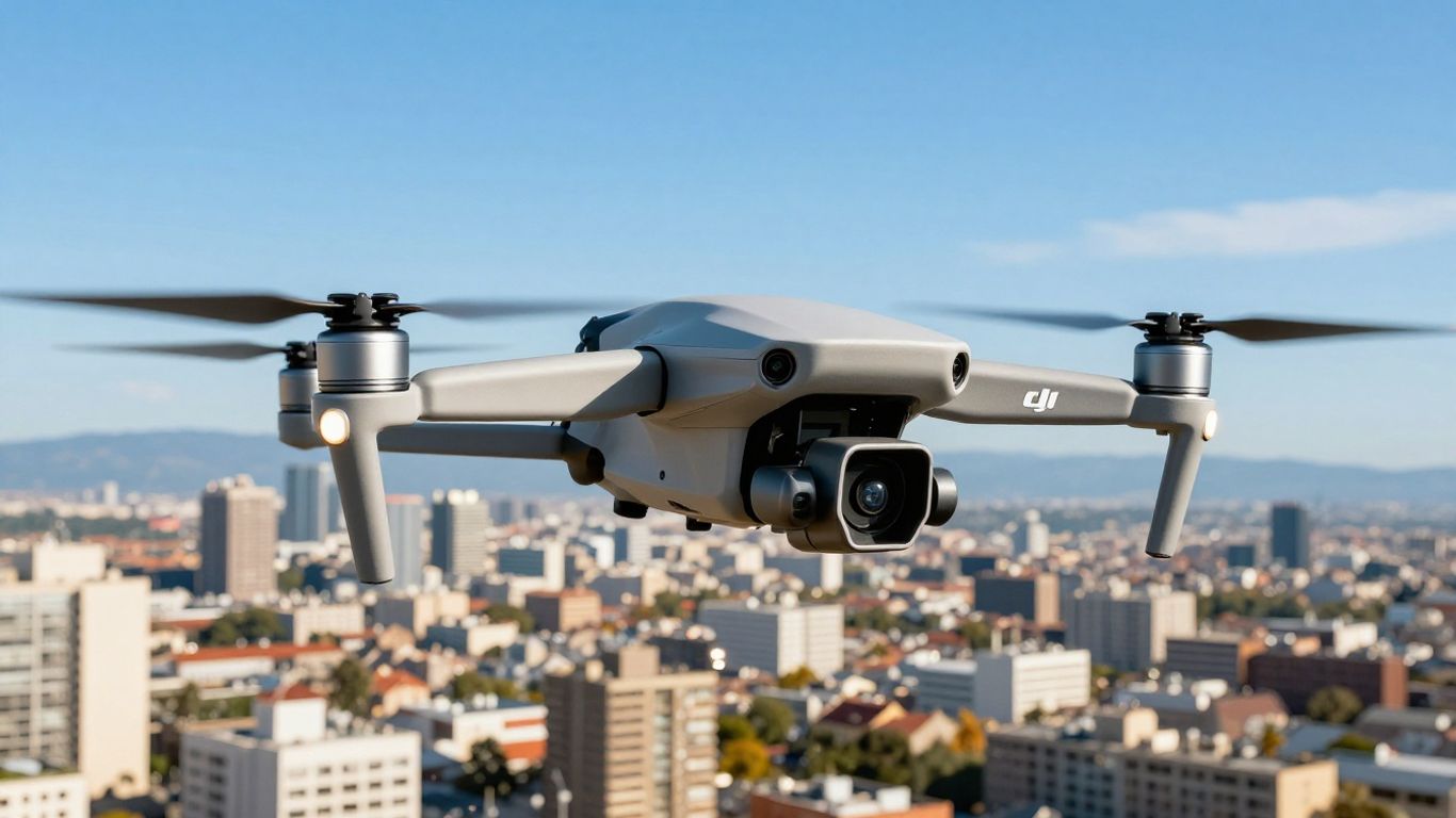 DJI drone flying over a city skyline.