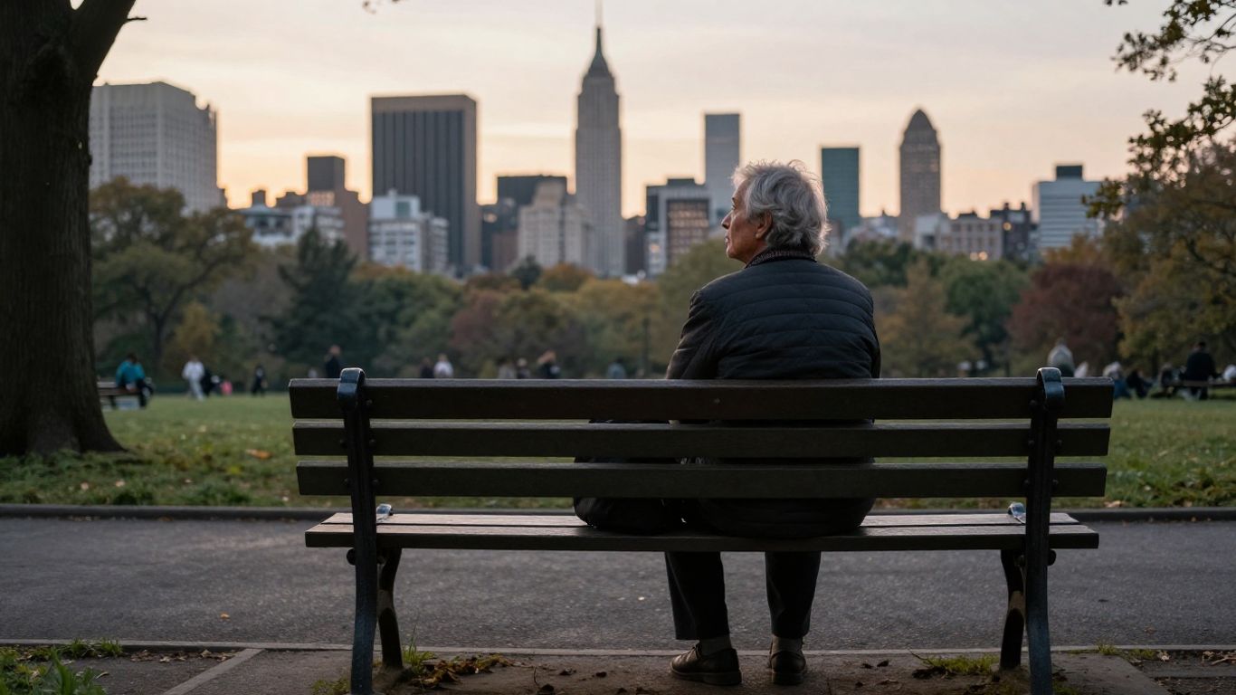An aging population beneath a sunrise over a cityscape