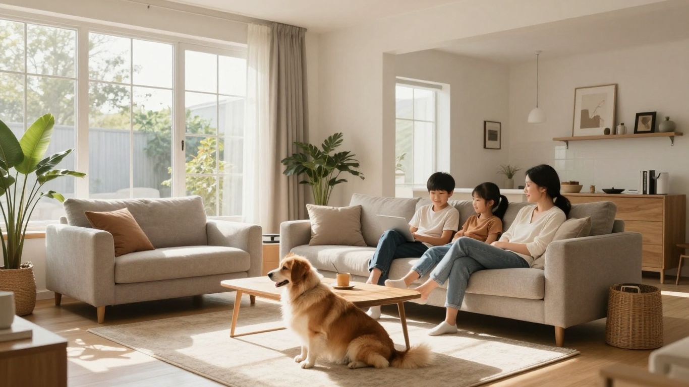 Familia relajada en sala de estar segura y cómoda.